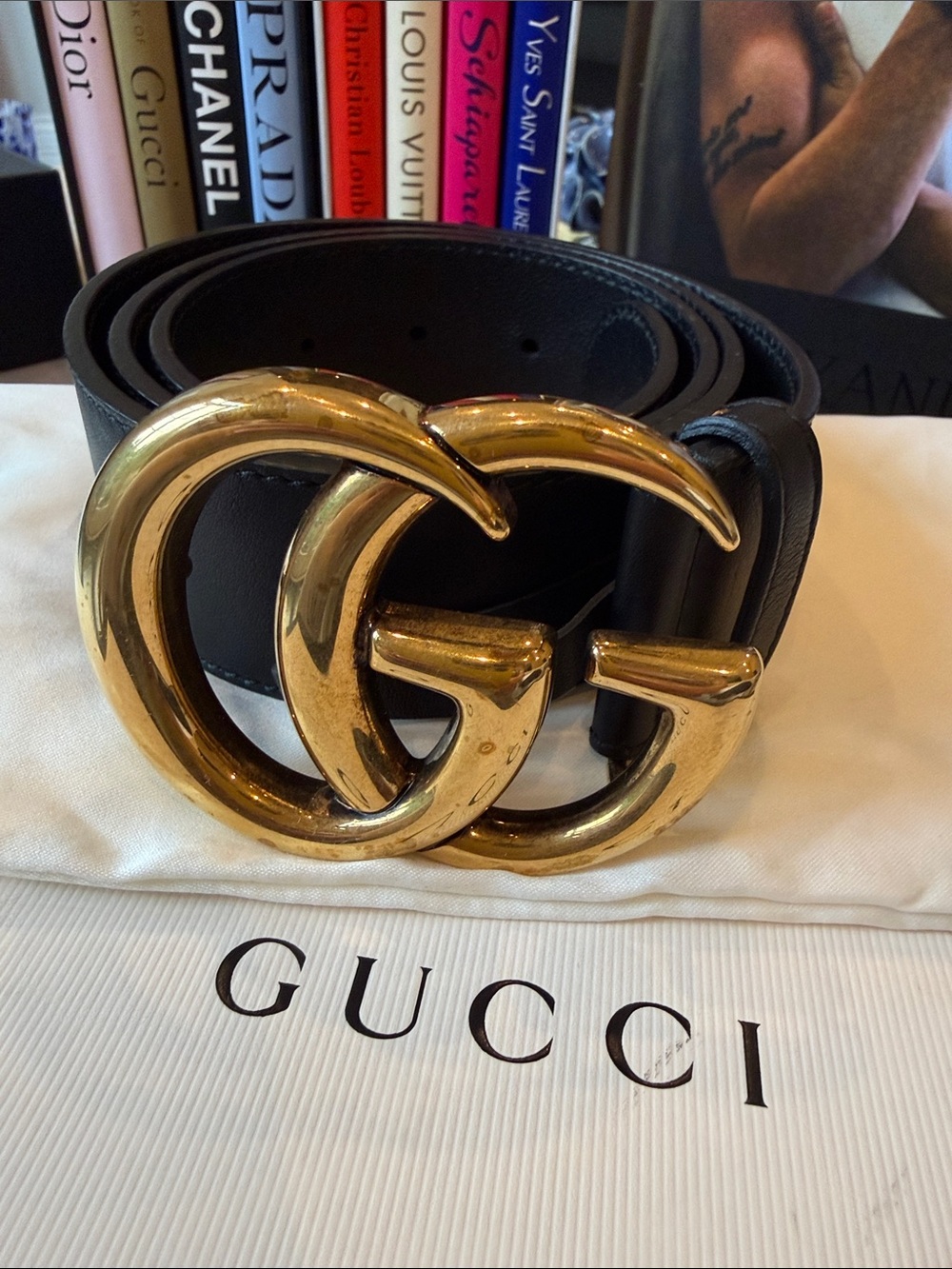 Gucci GG Marmont Leather Belt Black Gold Buckle Size 85/34 Authentic